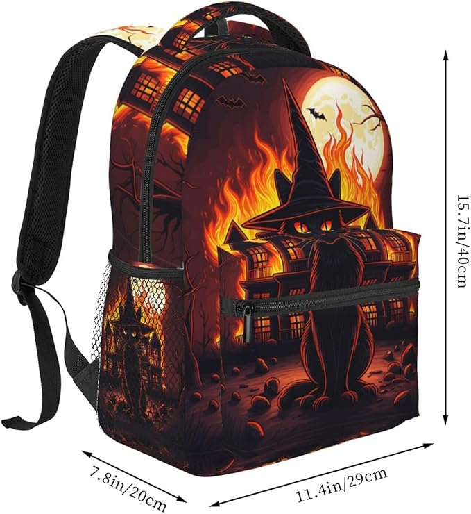 Daypack Backpack Multipurpose Anti-Theft Large Capacity Bookbag, Black Cat Witch Hat Old House Night Art Travel Hiking Camping Rucksack With Adjustable Shoulder Straps