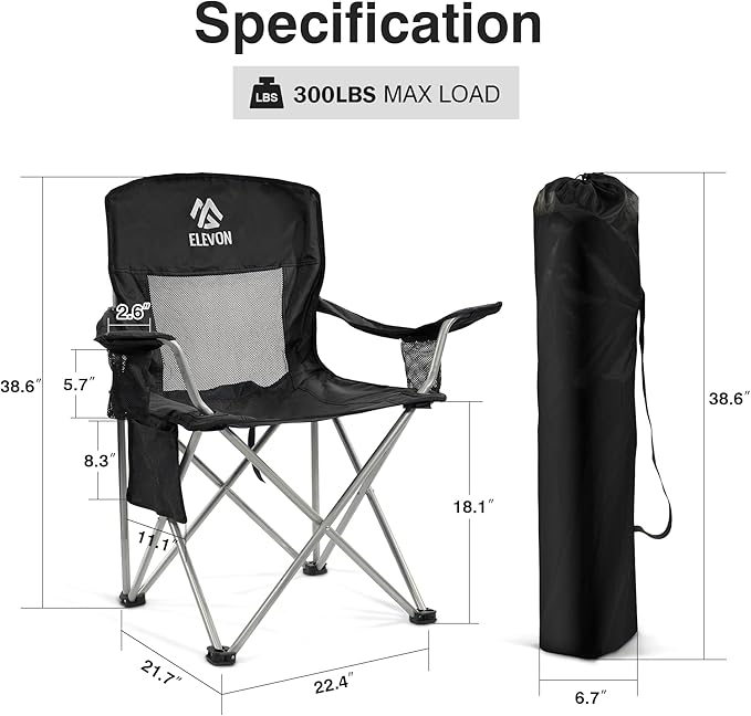 Elevon Folding Camping Chairs, Portable Outdoor Beach Chair for Adults with Carry Bag & Cup Holder, Foldable Lawn Chair with Mesh Backrest for Camp Fishing Hiking Travel Picnic Sports,