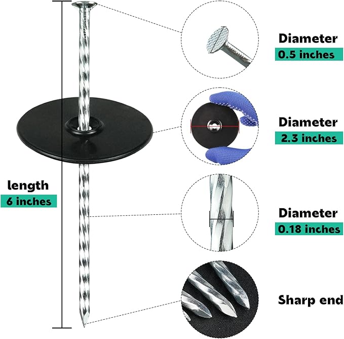 6 Inch 100 Pack Spiral Landscape Stakes with Gasket, Heavy Duty Galvanized Metal Garden Turf Stakes for Artificial Grass, Weed Barrier Fabric, Floor Mat and More