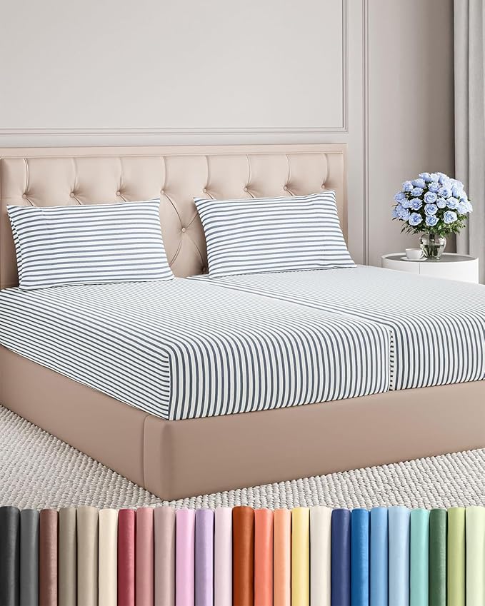 Split King Size 5 Piece Sheet Set - Comfy Breathable & Cooling Bed Sheets Set - Hotel Luxury Bedding for Women, Men, Kids, Teens, Boys & Girls - Deep Pockets & Wrinkle Free - Oeko-Tex - Blue Stripes 2