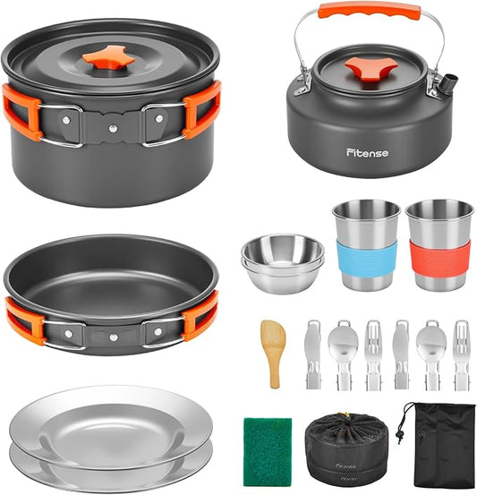 22Pcs Camping Cookware Mess Kit for 2, Lightweight Camping Kitchen Pots and Pans Set, Portable Camping Essentials for Backpacking, Camping Cooking Hiking and Picnic
