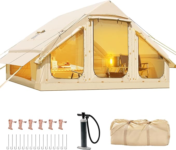 Inflatable Tents for Camping, Blow Up Tent with Hand Pump, Easy Setup Inflatable Hot Tent with Stove Jack, Waterproof Oxford Air Glamping Tents for Camping Adult 4 Person Upgrade Version