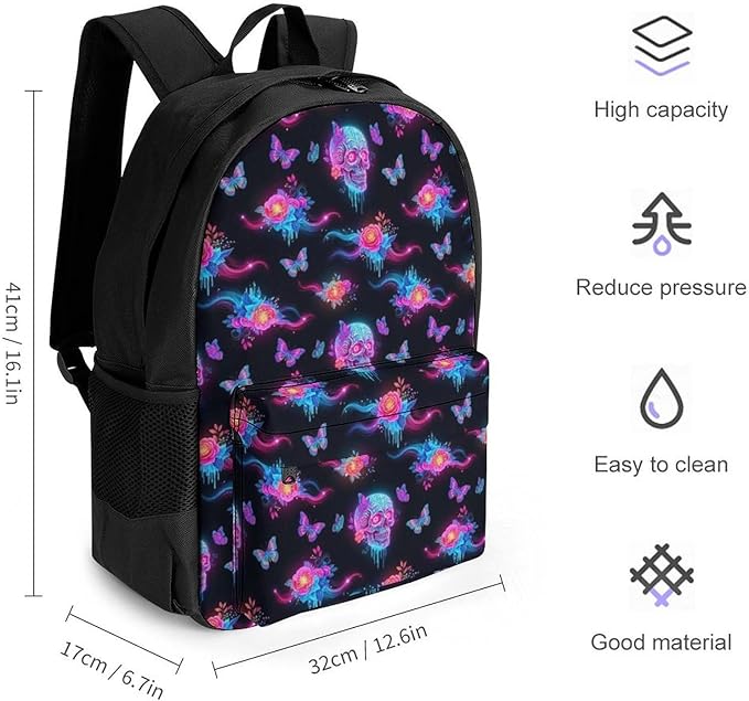 Polyester Daypack Backpack for Sports Travel Running, Big Capacity Anti-Theft Multipurpose Carry On Bag, Colorful Skulls Galaxy Butterflies Art Laptop Book Bag Rucksack