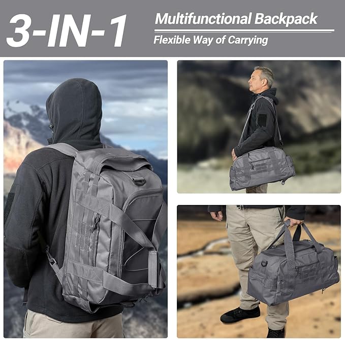 35L Large Duffle Bag, 3-in-1 Tactical Backpack MOLLE Pack for Sports/Gym/Outdoor, Grey