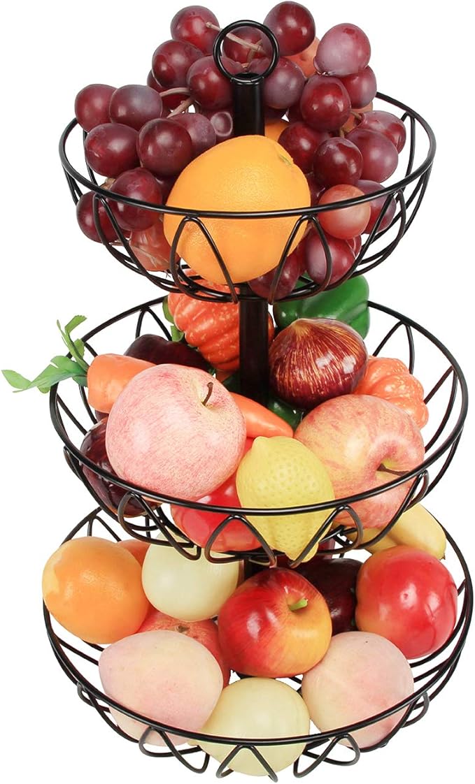 Rice rat 3-Tier Fruit Bowl Metal Wire Fruit Basket Bread Vegetable Organizer Storage Organizer Black Cast Iron