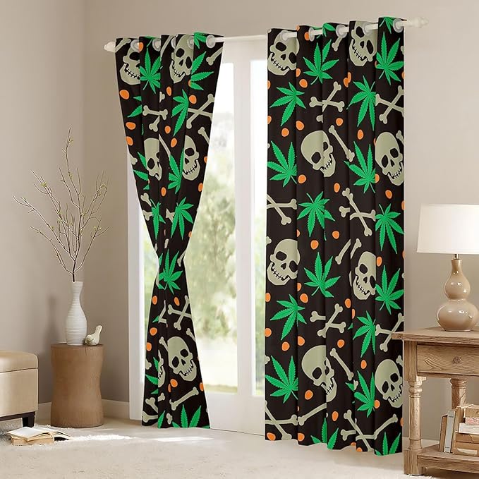 Manfei Gothic Skull Blackout Curtains Green Marijuana Leaf Window Drapes,Cute Skeleton Bones Weed Window Treatments,Kids Boys Girls Room Decor,Grommet Top 2 Panel Set Bedroom Curtains, 42Wx84L inch