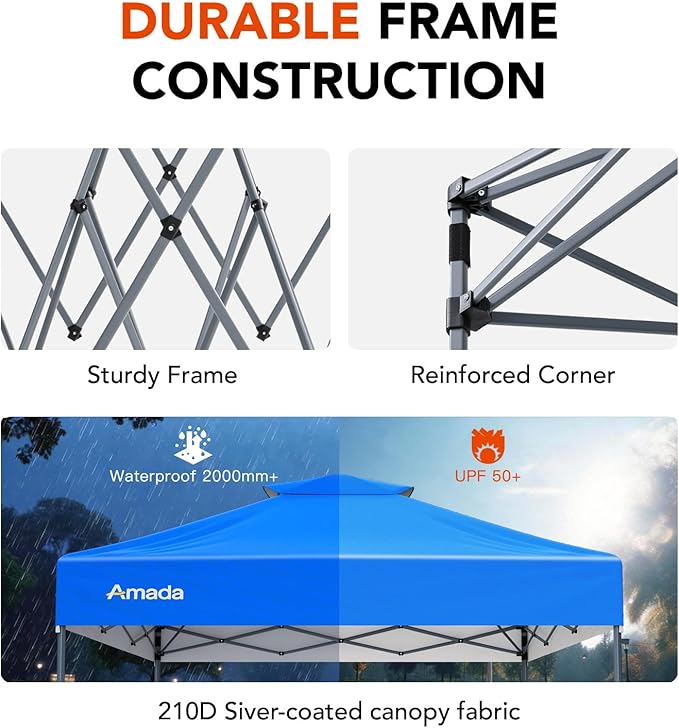 Amada 12x12 Pop Up Canopy - Center Lock One Push Instant Setup Gazebo Outdoor Canopy Beach Tent with STO-N-Go Bag 8 Stakes & 4 Sand Bags, 3-Height Adjustable Shade Shelter (12x12ft, Blue)
