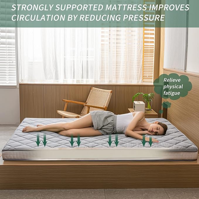 MAXYOYO Japanese Floor Futon Mattress Queen Size, Roll Up Folding Bed, Diamond Patterned Futon for Adults, Grey