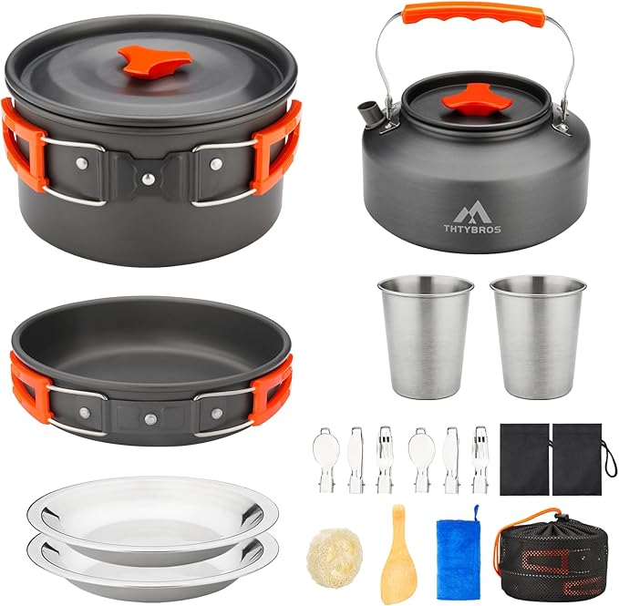 17pcs Camping Cookware Kit, 0.45Gal Pot, 7inches Pan,0.30Gal Kettle Set with 2 Set Stainless Steel Cups Plates Forks Knives Spoons for Hiking