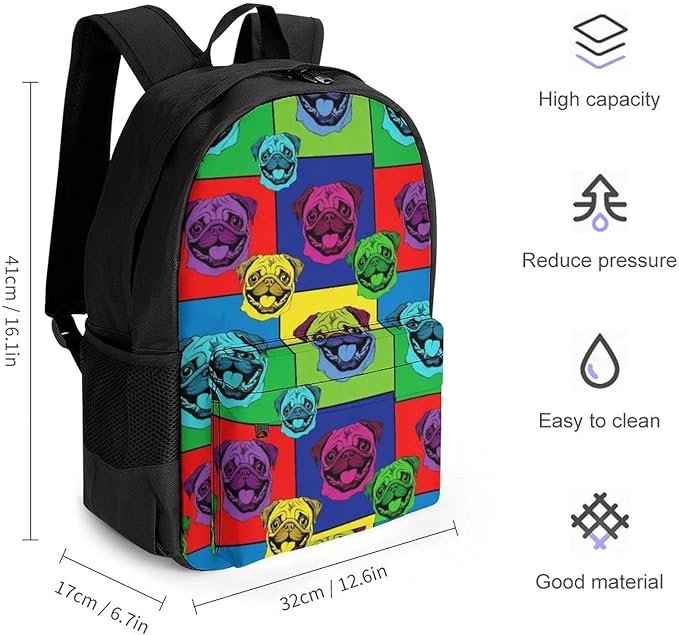 Backpack Polyester Anti-Theft Multipurpose Colorful Pug Dog Bookbag Large Capacity Laptop Book Bag Rucksack With Side Pockets