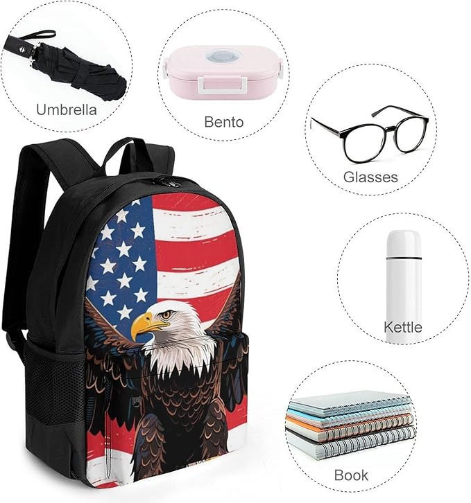 Rucksack Anti-Theft Multipurpose Large Capacity Carry On Bag, American Flag Eagle Art Travel Hiking Bag Day Pack With Side Pockets