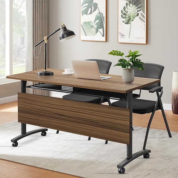 2Packs Conference Room Table Foldable, Rectangular and Space-Saving Desk for Meetings, Offices, and Classrooms Heavy Duty, Sturdy Construction Easy Setup (Black Walnut 55.1*21.6*29.5Inch)