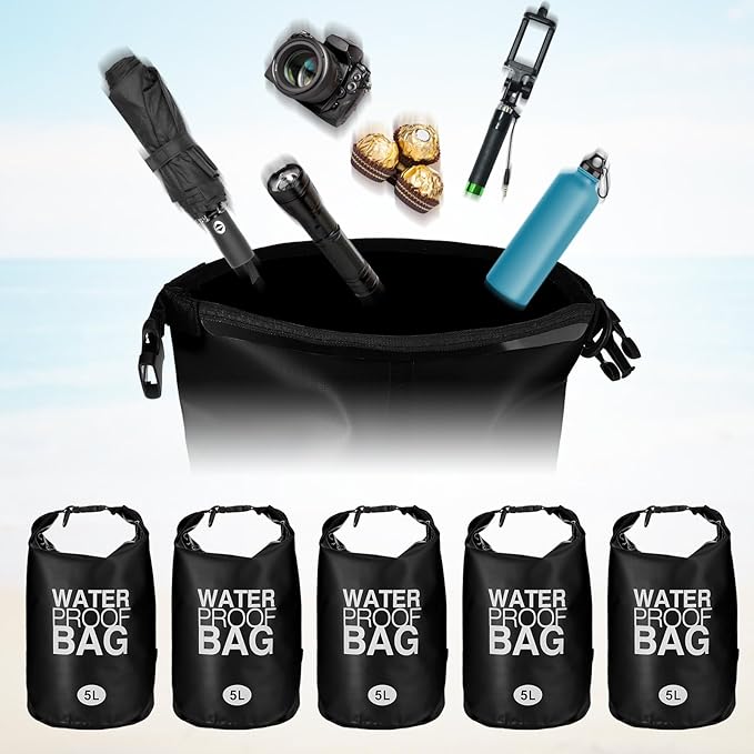 Jexine 10 Pack Dry Bag Waterproof, 5L Ultralight Dry Sacks Roll Top Storage Bag Backpack Camping Portable Outdoor Bags Keep Gear for Backpacking Kayaking Hiking Swimming Fishing Boating (Black)