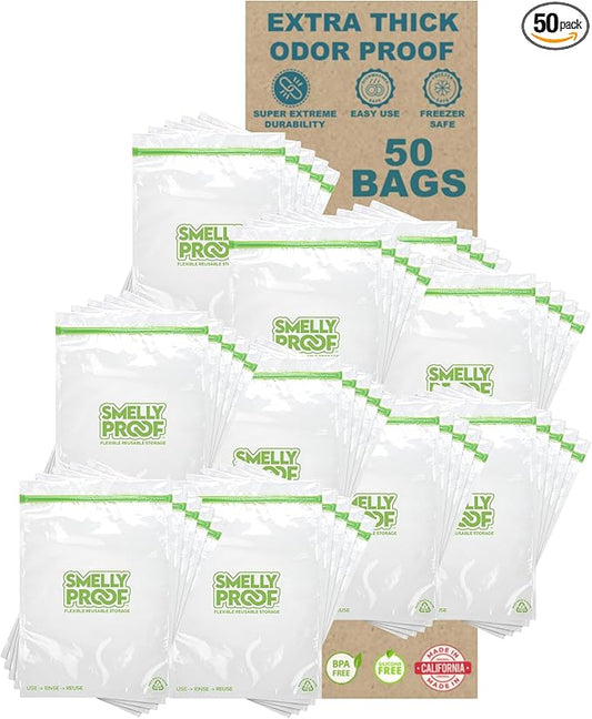 Smelly Proof Reusable Food Storage Bags, Reusable Freezer Bags, Made in USA, Dishwasher-Safe, BPA FREE, NO PEVA, Clear FLAT 2-Gallon 12” x 16”, 50-Pack