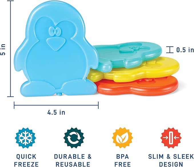 Fit & Fresh Cool Coolers Kids Lunch Box Ice Packs, Slim Ice Packs for Lunch Bags, Reusable, For Daycare and Travel, Multicolored Penguin and Unicorn Set, 8PK