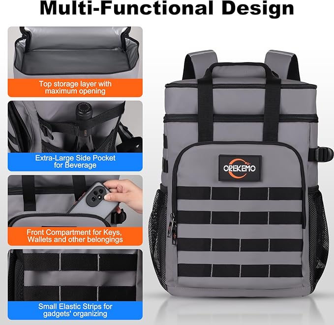 Insulated Cooler Backpack, 35 Can / 25L Large Camping Backpack for Outdoor, Beach, Picnic - Soft Lightweight Leakproof Cooler Backpack for Women and Men (Grey, 25L)