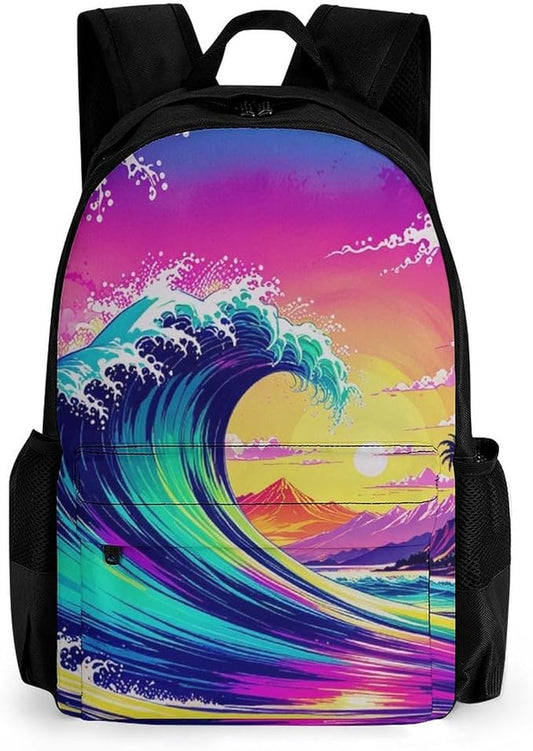 Supdreamc Polyester Daypack for Hiking Work Running, Big Capacity Anti-Theft Multipurpose Shoulder Bag, Colorful Raging Great Waves Travel and Sport Backpack Rucksack