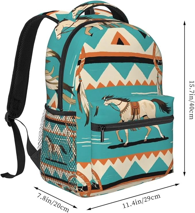 Men Women Lightweight Southwest Native American Ethnic Horse Dreamcatcher Art Backpack Large Capacity Carry On Bag With Padded Straps for Sports Work Walking Cycling