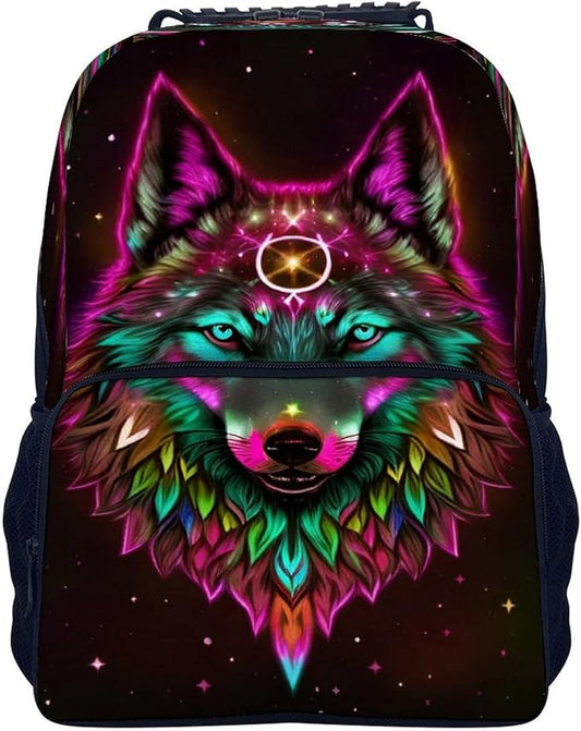 Lightweight Rucksacks for Climbing Outdoors Walking Cycling, Large Capacity Anti-Theft Multipurpose Carry On Bag, Trippy Tribal Wolf Space Galaxy Art Camping Outdoor Backpack