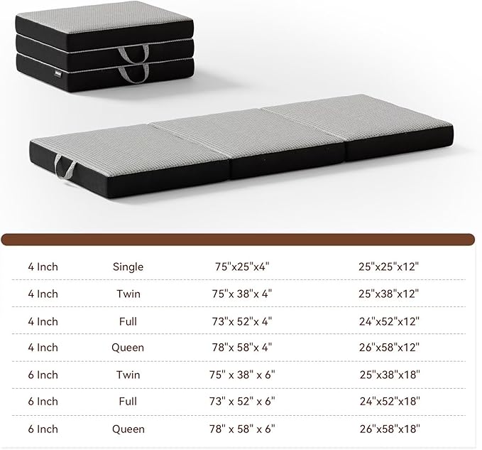 Memory Foam Trifold Mattress, Single Portable Floor Bed 4 Inch, Foldable Mat with Washable Cover, Handle & Non-Slip Bottom, for RV, Travel, Camping, Yoga, 75"x25"x4", Grey