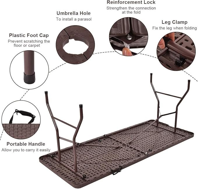 Tangkula 6Ft Rattan Folding Table, Indoor Outdoor Portable Foldable Table with 1.8 Inch Umbrella Hole, Heavy Duty Metal Frame, Carrying Handle for Camping Picnic Backyard BBQ