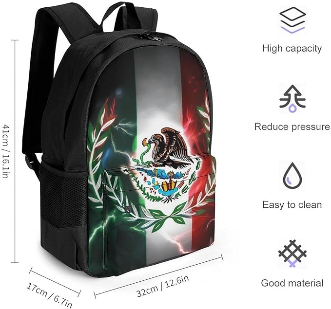 Men Women Polyester Cool Lightnings Eagle Mexico Flag Daypack Big Capacity Shoulder Bag With Smooth Zippers for Hiking Work Walking Cycling