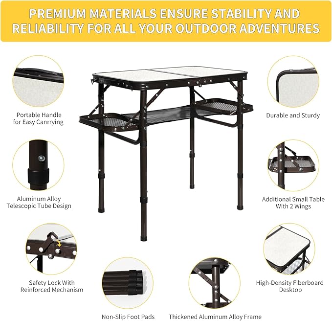Folding Camping Table Outdoor Indoor Picnic BBQ Aluminum Lightweight Tall Camping Table 3-Height Adjustable 25in Max 50 Extra Space with Carry Handle & Mesh Pocket Small Foldable Table