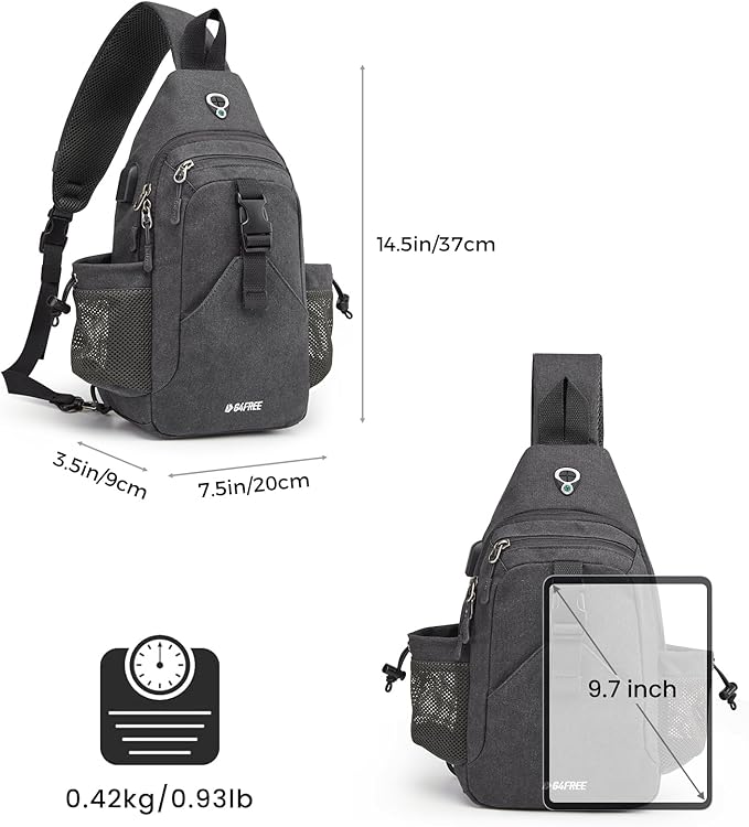 G4Free Canvas Sling Bag Crossbody Backpack with USB Charging Port & RFID Blocking, Hiking Daypack Chest Bag for Women Men