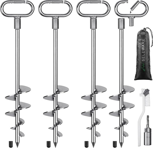 SELEWARE 17" Ground Anchors Screw in, 4 Pack Swing Set Ground Anchor Kit, High Wind Trampoline Stakes, Heavy Duty Wider Spiral Earth Anchor for Mobile Home, Tree, Tent, Shed, Carport, Securing Animals