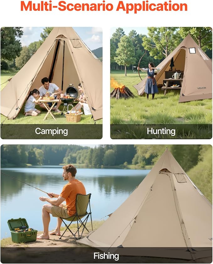 VEVOR Hot Tent, Camping Tipi Hot Tents with Stove Jack, Portable Winter Camping Tents with Snow Skirt, Easy Setup, Waterproof 4 Season Shelter Tents for Fishing Backpacking