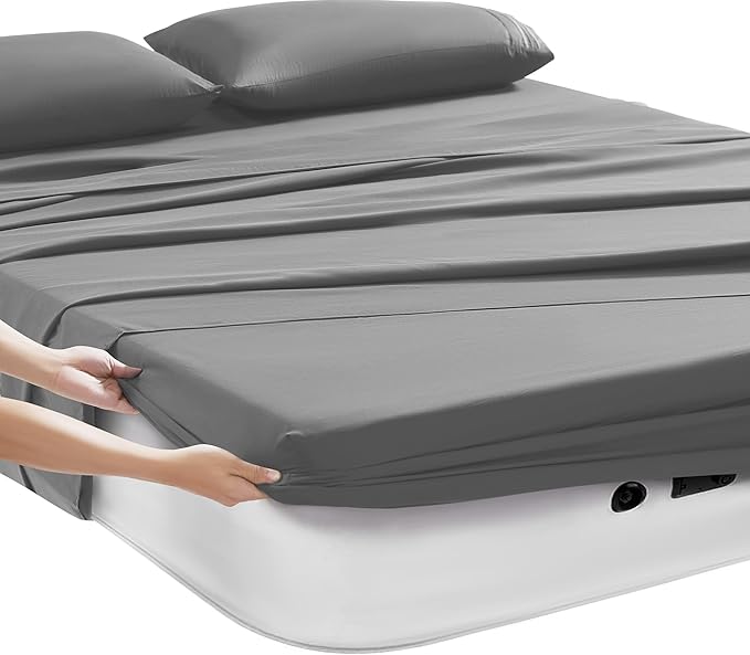 Camping Sheets King Size - Outdoor Air Mattress Sheet Set – Built-in Corner Straps for Air Mattress & Camping Use – Designed for Inflatable Beds & Tailgate Sleepovers, Gray