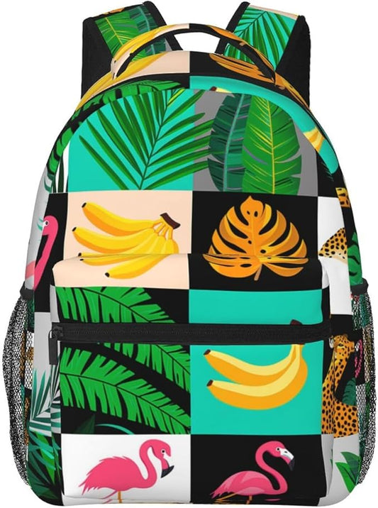 Daypack Backpack Anti-Theft Multipurpose Large Capacity Carry On Bag, Banana Palm Leaf Leopard Flamingo Stripe Traveling Camping Backpack With Side Pockets