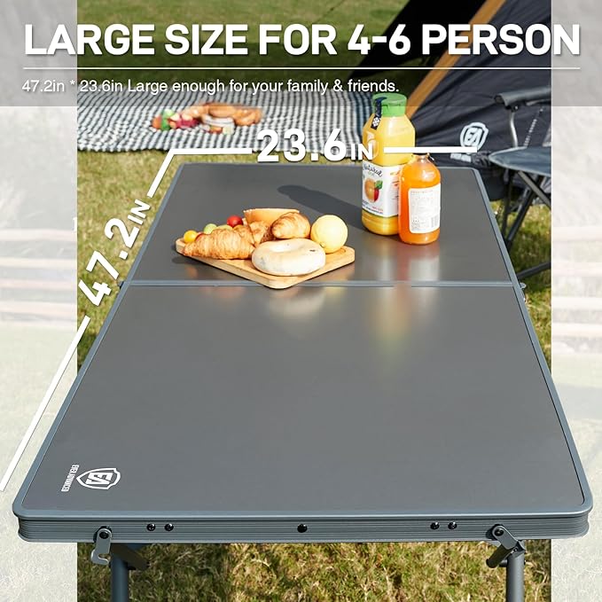 EVER ADVANCED Large Camping Table for 4-6 Person, Portable Folding Aluminum Table with Carrying Handle, Suitable for BBQ, Picnic, Camping and Indoor Use, Support up to 130LBS, Gray