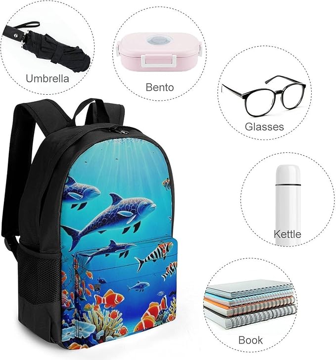 Rucksacks Multipurpose Anti-Theft Big Capacity Bookbag, Colorful Sea Ocean World Dolphin Tropical Fishes Coral Travel Hiking Camping Rucksack With Padded Straps