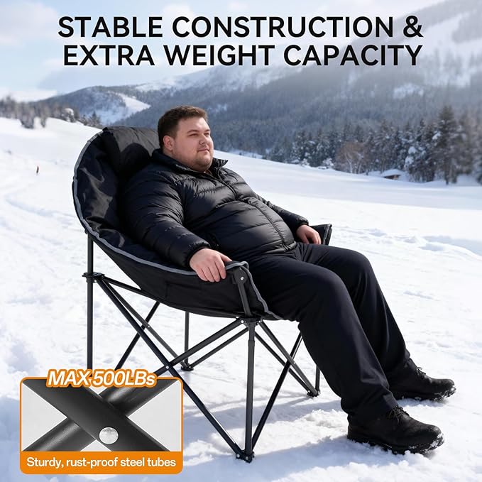 Oversized Heated Camping Chairs, Camp Chair for Adults with Back and Seat Heating, Portable Folding Chair with Pillow & Carry Bag for Outdoor Sports, Support 500lbs, Battery NOT Included