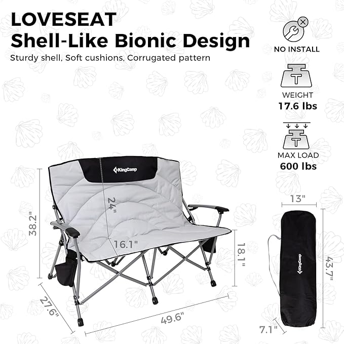 KingCamp Double Camping Chair for Adults, Oversized 2-Person Portable Folding Chair 600 lbs Heavy Duty Outdoor Loveseat with Armrest Cup Holders, Padded Seat and Back for Camping Picnic Patio