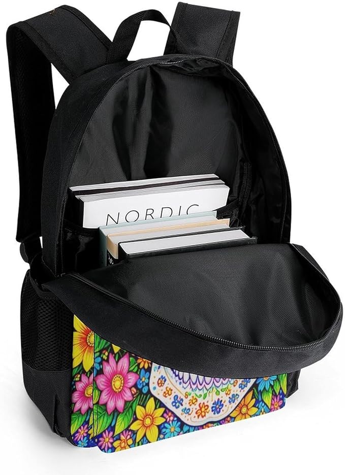 Supdreamc Rucksack Multipurpose Anti-Theft Big Capacity Shoulder Bag, Sugar Skull Colorful Day Of The Dead Art Travel Hiking Camping Rucksack With Side Pockets