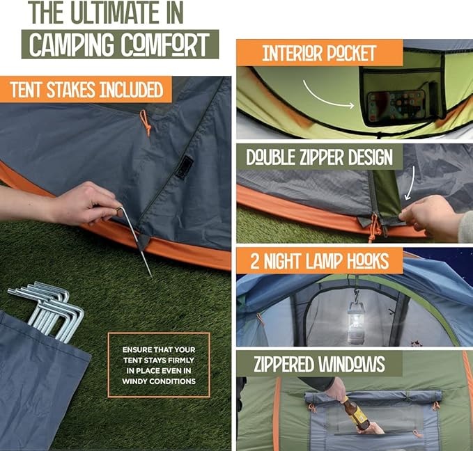 4 Person Pop Up Tent for Camping - Lightweight & Portable, Easy Quick Set-Up, 2 Doors, Lantern Hook, Storage Pockets, Carry Bag for Outdoor Hiking, Travel