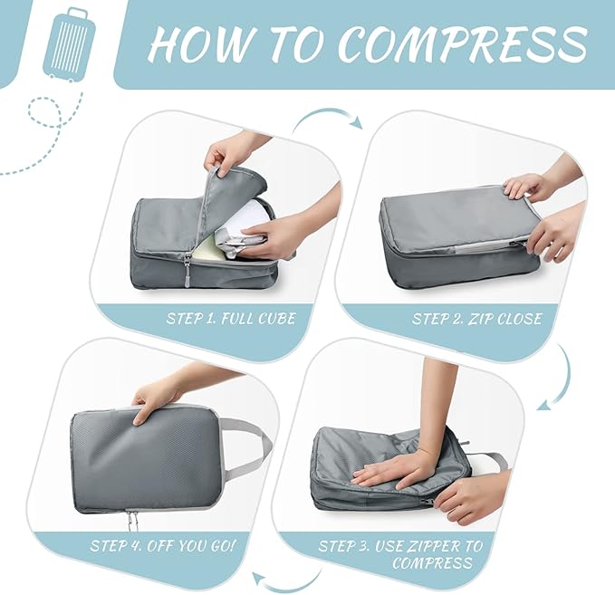 WOOMADA Compression Packing Cubes for Suitcases Travel Essentials 4 Set Expandable Travel Bags Organizer for Luggage(dark grey)