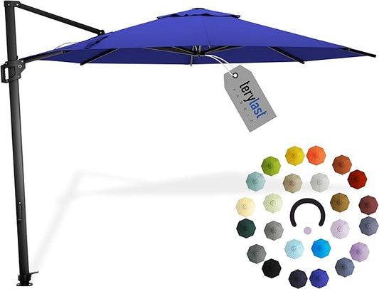 Midtown Umbrellas 10 Ft Outdoor Cantilever Patio Umbrella w/Terylast Royal Blue Fabric - Rotate Tilt 360° Offset Patio Umbrella, Deck Patio Umbrella, Backyard Umbrella & Garden Umbrella - Black Frame