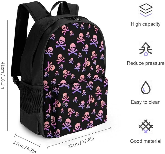 Polyester Daypack for Hiking Work Running, Big Capacity Anti-Theft Multipurpose Shoulder Bag, Purple And Pink Crossbones Skull Travel and Sport Backpack Rucksack