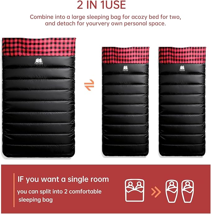 Double Sleeping Bag Cotton Flannel for Camping, Backpacking Or Hiking. Waterproof Queen Size Two Person Sleeping Bags for Adults Or Teens. Lightweight with Compression Sack