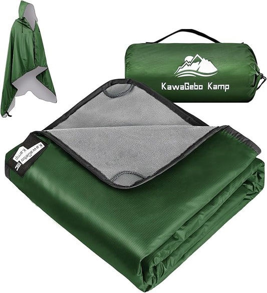 Fleece Waterproof Outdoor Blanket - Windproof Stadium Blanket for Camping, Picnics, and Sports Stay Dry and Comfortable 80"x 58"(Hoodeed, Green)