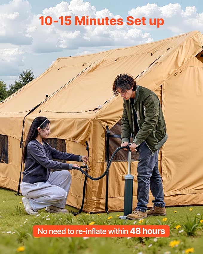 VEVOR Inflatable Tents for Camping, Easy Setup Blow up Tent with Hand Pump, 4 Season Glamping Tent with Stove Jack, Doors & Mesh Windows, Storage Bag Included for Easy Taking