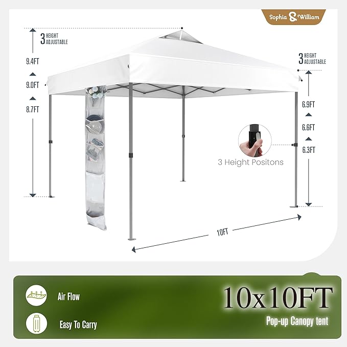Sophia & William Canopy Tent Pop Up 10x10 ft, One Person Push Set Up Tent, Outdoor Canopies Shelter Heavy Duty Straight Legs with 4 Sandbags & Guy Ropes, 1 Roller Bag & Storage Bag, 8 Stakes, UPF50+