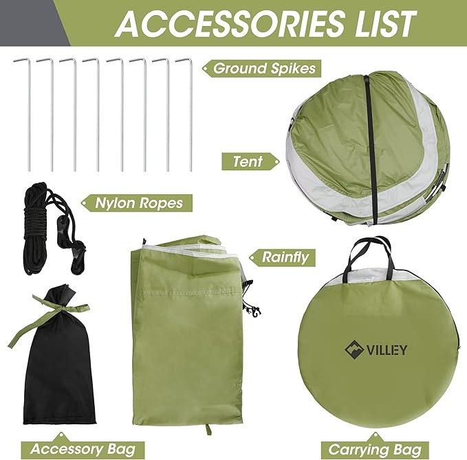 VILLEY 4 Person Easy Pop Up Tent, Waterproof Automatic Setup Instant Lightweight Camping Beach Tent with Carrying Bag for Camping, Hiking & Traveling