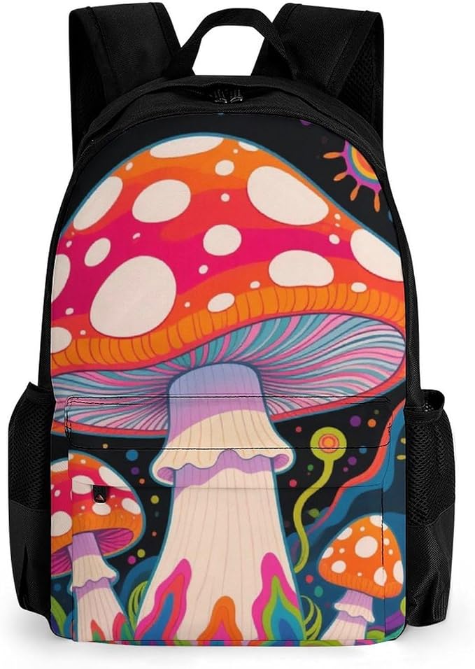 Backpack Polyester Anti-Theft Multipurpose Psychedelic Mushroom Art Bookbag Large Capacity Laptop Book Bag Rucksack With Side Pockets