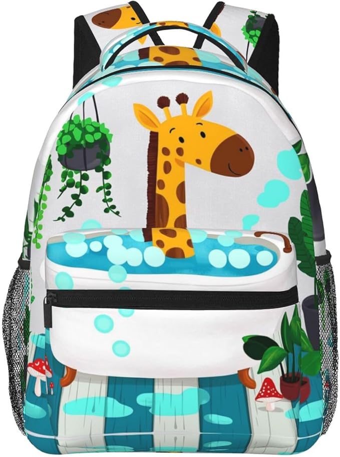 Backpack Polyester Anti-Theft Multipurpose Cute Bathtub Giraffe Art Bookbag Large Capacity Laptop Book Bag Rucksack With Side Pockets