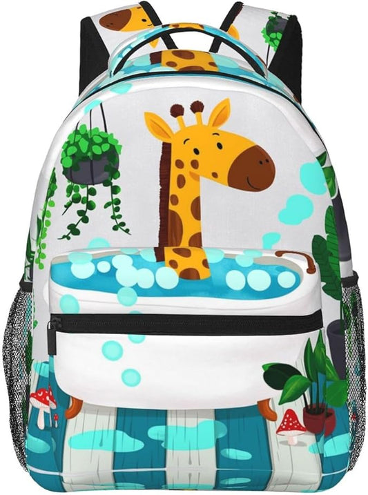 Backpack Polyester Anti-Theft Multipurpose Cute Bathtub Giraffe Art Bookbag Large Capacity Laptop Book Bag Rucksack With Side Pockets