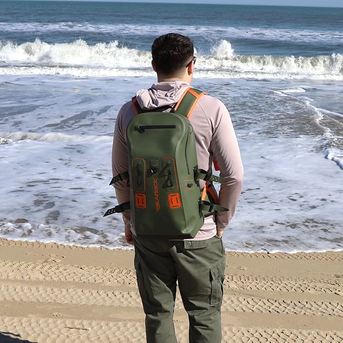 YakAttack 28L DryPak Waterproof Backpack with 2 Attachable Fishing Rod Holders – Green/Orange | Floating Marine Dry Bag Pack with Padded Straps | Lightweight Hiking & Kayaking Gear & Storage Drybag